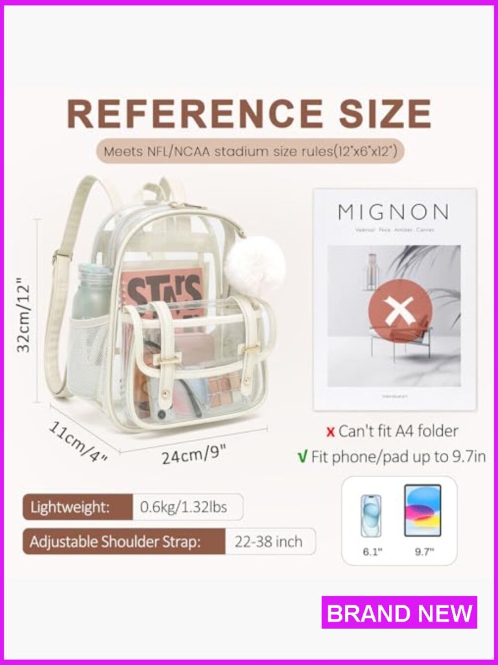 Clear Backpack for Stadium Events Mini See Through Bookbag Casual Daypack - Picture 3 of 7